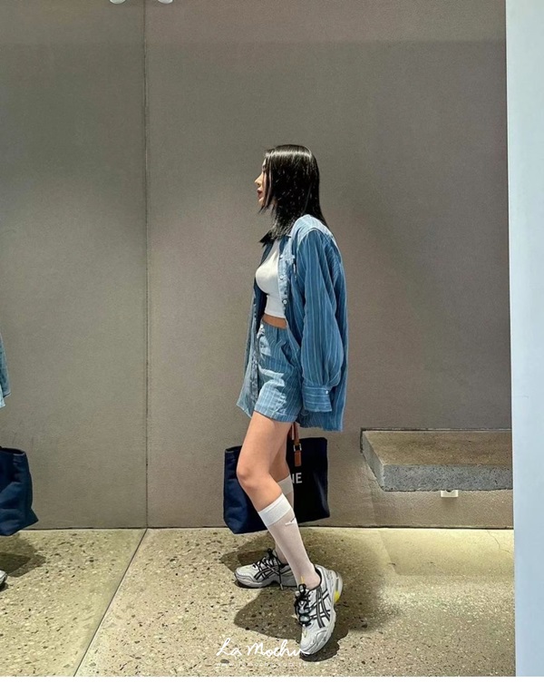 蜜桃絨條紋套裝